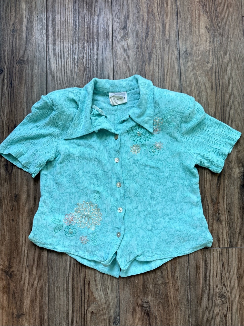 Women’s Light Teal Short Sleeve Button-Down Shirt with Embroidery